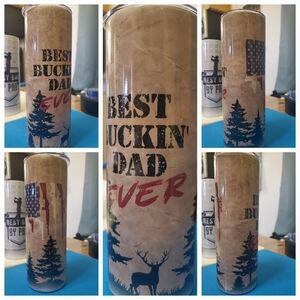 Best Buckin' Dad Ever Stainless Tumbler - Tan with Navy & Red Graphics